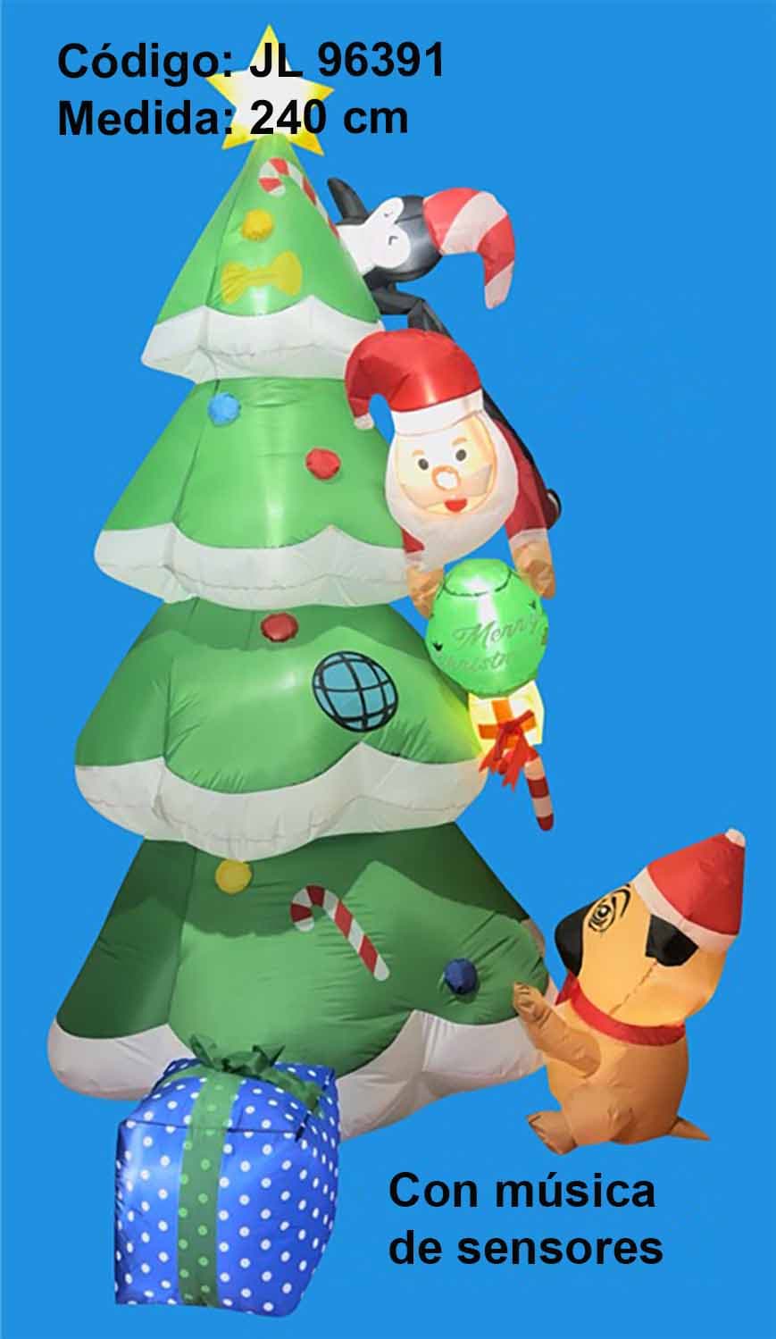 Inflable navideño de árbol con Santa, perro y música con sensores, 240 cm