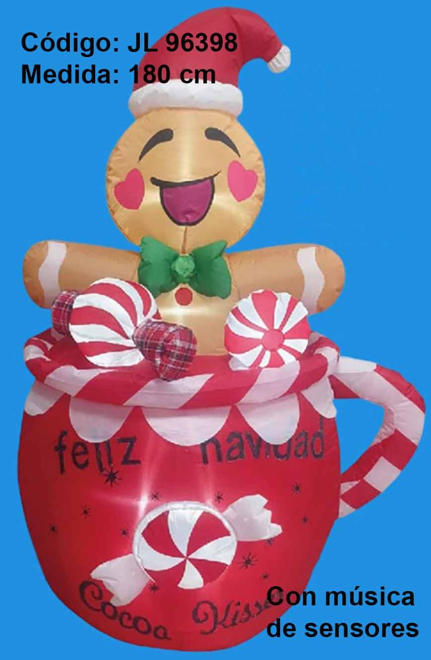 Inflable navideño de taza de cocoa con galleta de jengibre, música y sensores, 180 cm (JL 96398)
